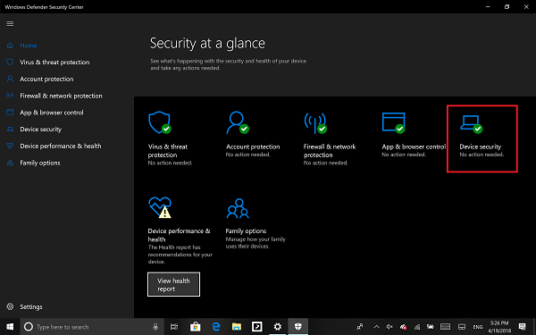 Instructions for disabling Windows Defender — 2. Navigate to Device Security