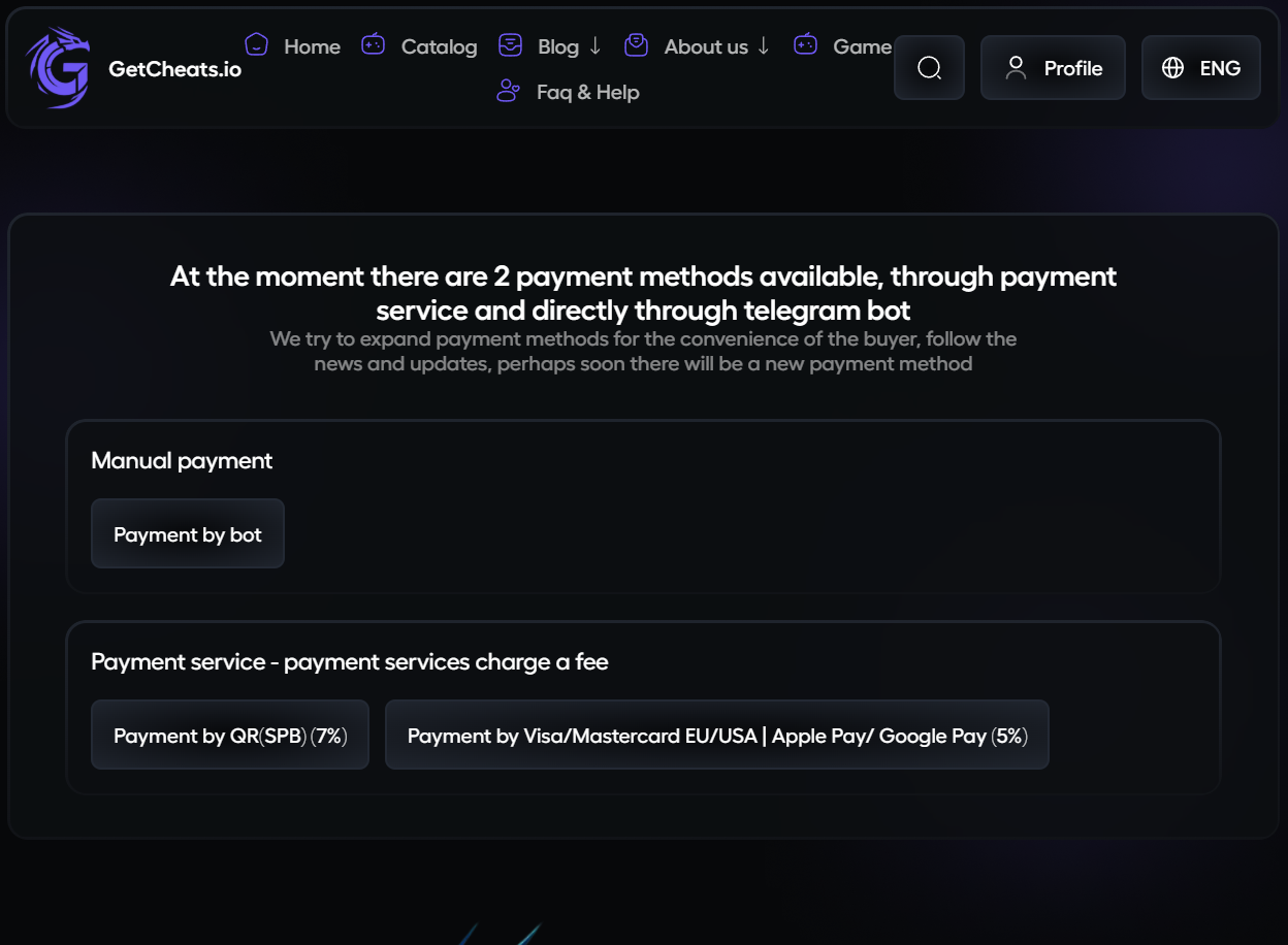 How to buy a cheat on GetCheats.io — Payment methods: