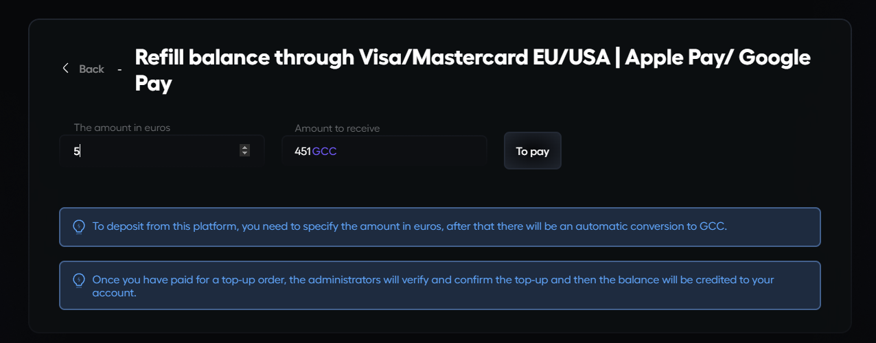 Instructions for replenishing your balance via Visa | Mastercard EU | USA | Apple Pay | Google Pay — Step 2. Specify the replenishment amount 💰