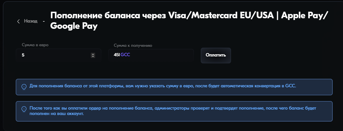 Инструкция по пополнению баланса через Visa | Mastercard EU | USA | Apple Pay | Google Pay — Шаг 2. Укажите сумму пополнения 💰