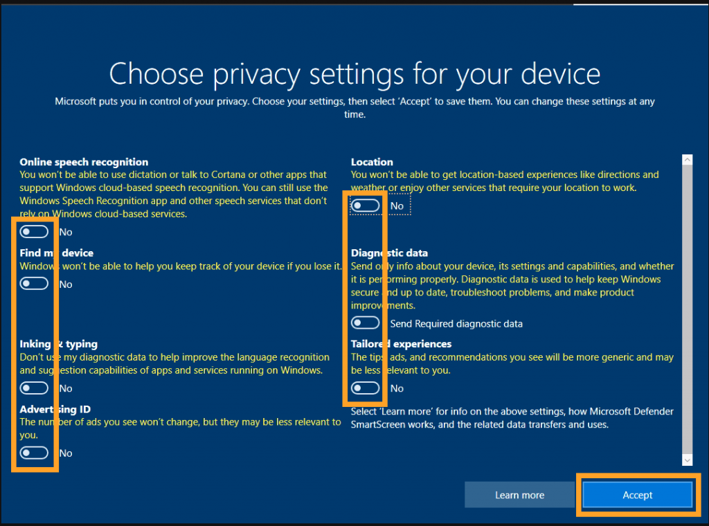 Как переустановить Windows при помощи USB флешки — Отключите все вопросы/настройки конфиденциальности