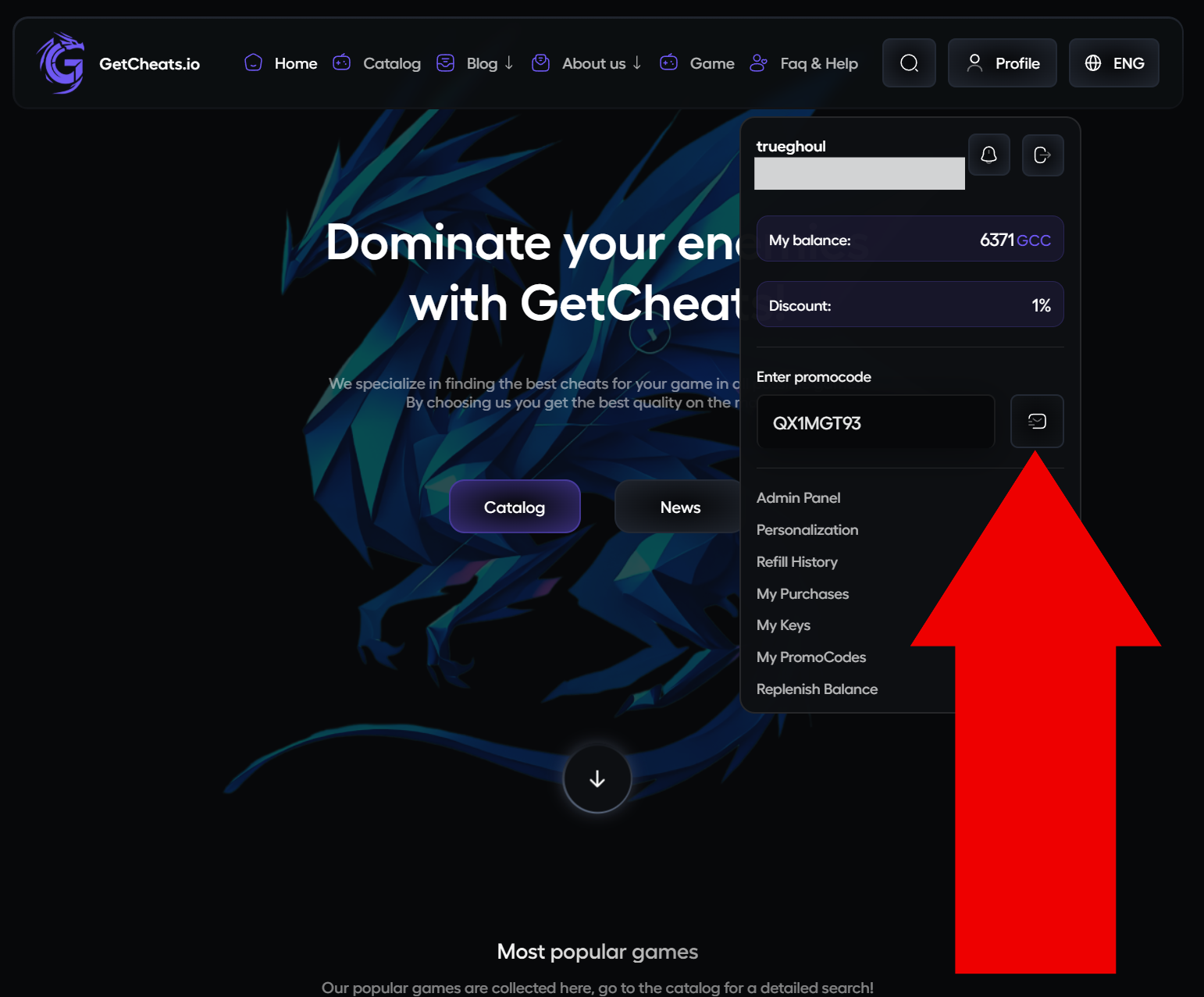 How to activate a promo code on the website GetCheats.io — Step 2: Activate the promo code, image 3