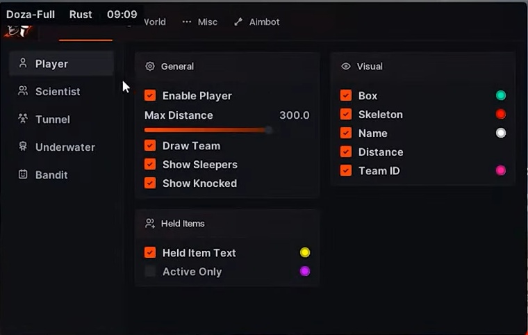 Скриншот чита Doza Full для Rust - 1