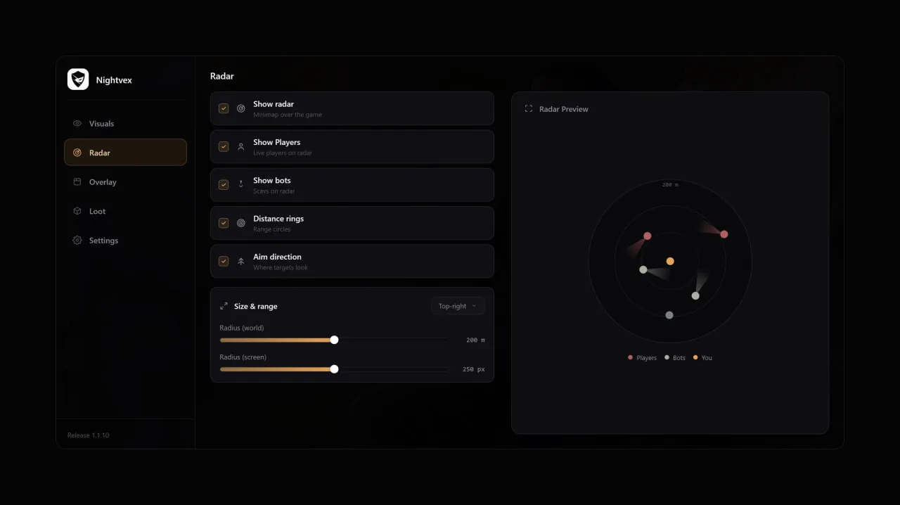 Скриншот чита Nightvex для Arena Breakout - 2